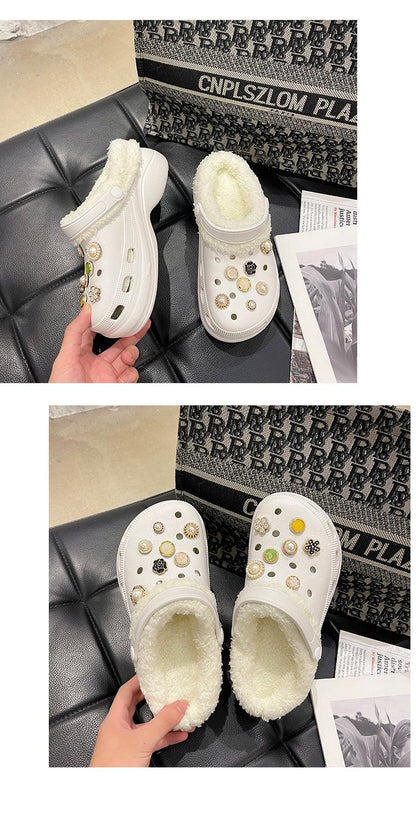 Women’s Slippers Stevvex white slip-on with plush shearling lining, back strap and gem studs on Tampa Home & Garden Store