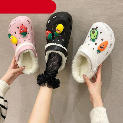 Women's Stevvex slippers with plush lining in pink black white with fruit charms 3pc on Tampa Home & Garden Store