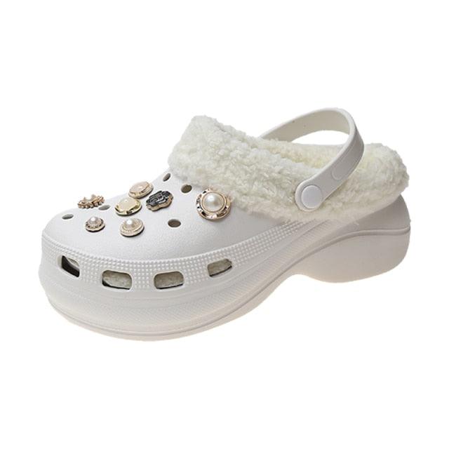 Stevvex white fur-lined clog slippers with thick sole and bead accents on Tampa Home & Garden Store