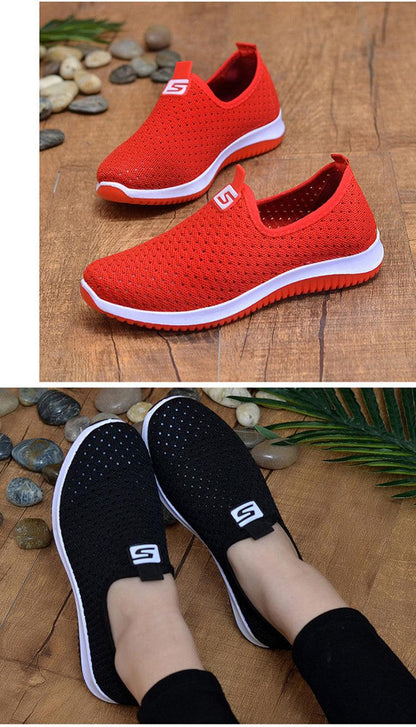 Stevvex women's slip-on sneakers red black breathable mesh with white sole two colorways on Tampa Home & Garden Store