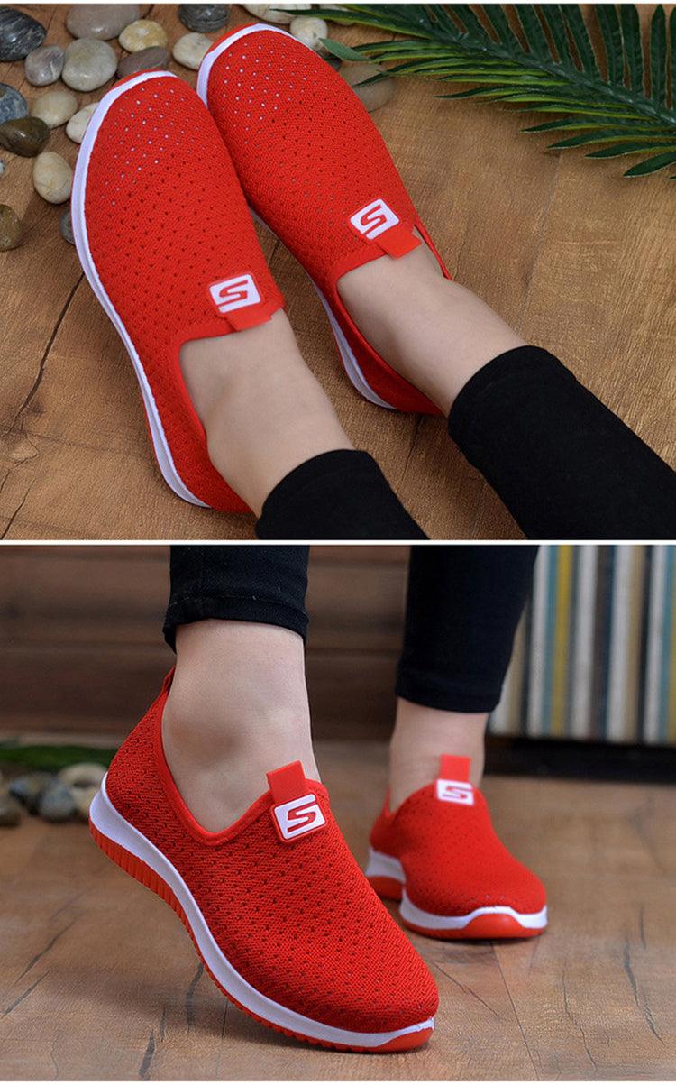 Stevvex women's red slip-on sneakers with breathable mesh upper and white sole on Tampa Home & Garden Store