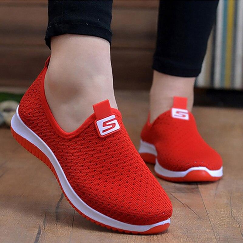 Women's sneakers Stevvex red breathable mesh slip-ons pair with white sole and S logo on Tampa Home & Garden Store