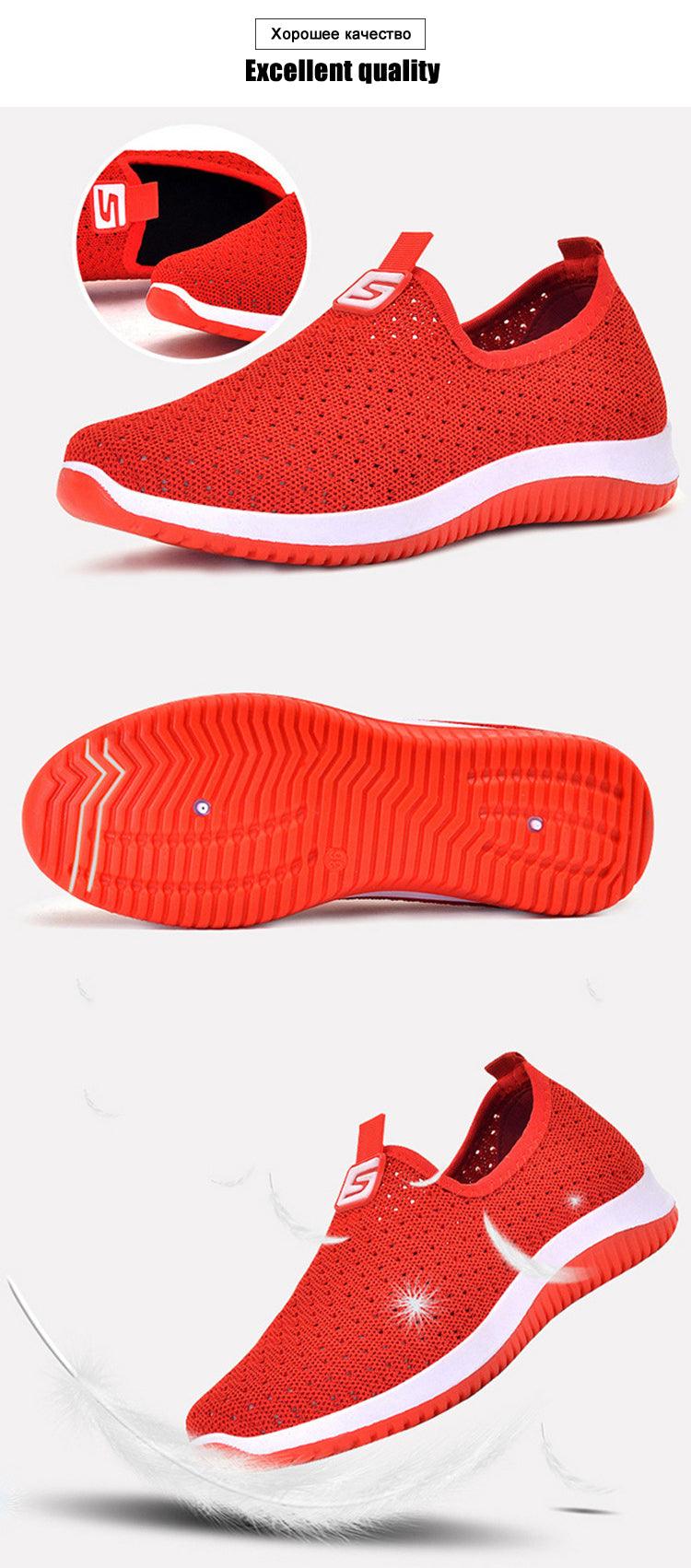 Women's red breathable mesh slip-on sneakers with non-slip sole and Stevvex S logo on Tampa Home & Garden Store