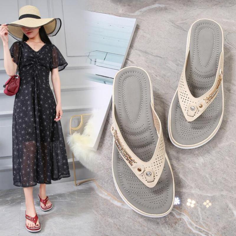 Stevvex beige perforated metal-button thong sandals with arch support and thick sole pair on Tampa Home & Garden Store