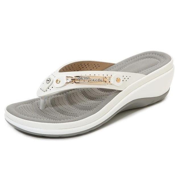 Stevvex women's white platform sandals with metal button strap and arch-support footbed on Tampa Home & Garden Store