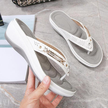 Stevvex women's platform thong sandals with metal button strap, white/grey, arch support on Tampa Home & Garden Store
