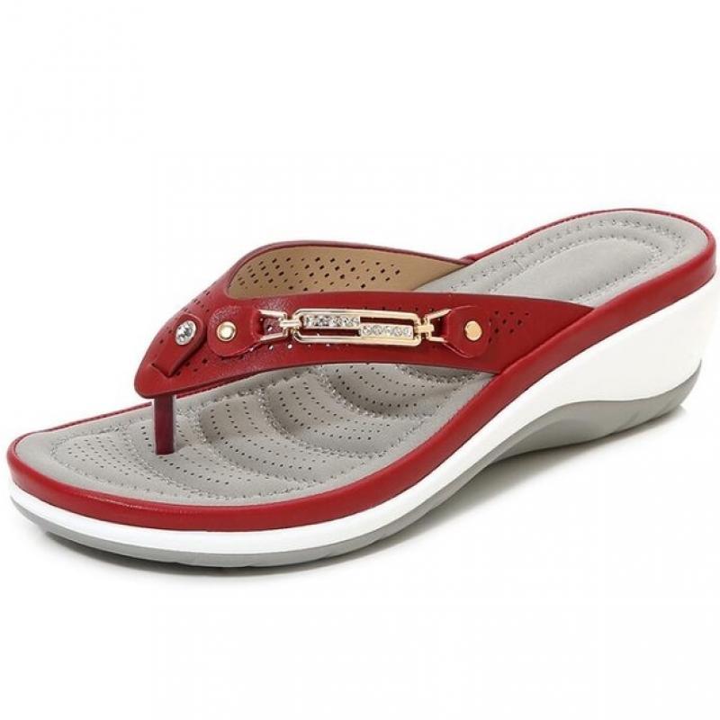 Stevvex red metal-button thong sandal with arch support and thick platform sole on Tampa Home & Garden Store