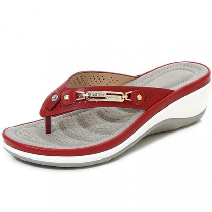 Stevvex red metal-button thong sandal with arch support and thick platform sole on Tampa Home & Garden Store