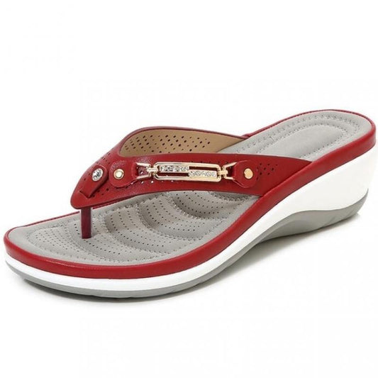 Stevvex red metal-button thong sandal with arch support and thick platform sole on Tampa Home & Garden Store