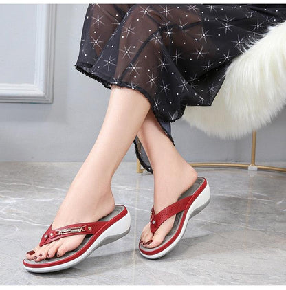 Stevvex women's red metal-button platform sandals with thong strap, thick sole and arch support on Tampa Home & Garden Store