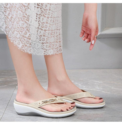 Women's Stevvex beige platform thong sandals with metal button detail and arch support on Tampa Home & Garden Store