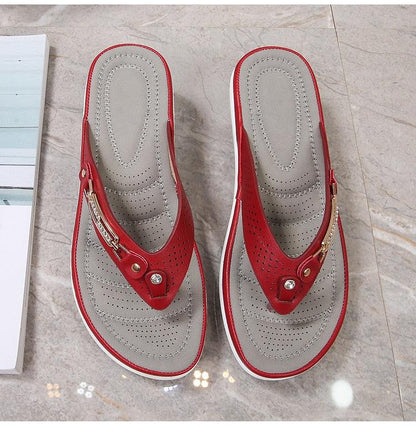 Stevvex red women's sandals metal button thong slides with perforated grey footbeds on Tampa Home & Garden Store