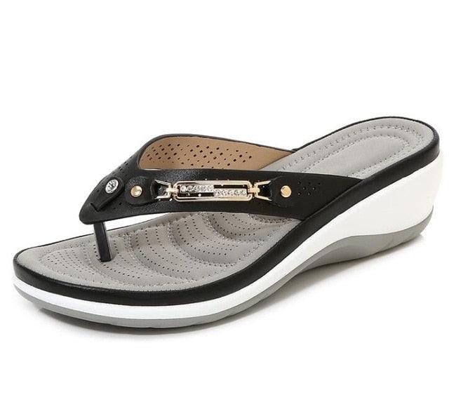 Stevvex platform wedge thong sandals with black straps and arch support on grey footbed on Tampa Home & Garden Store
