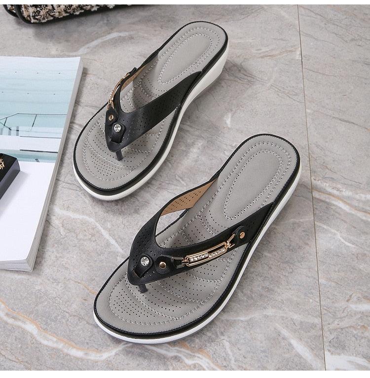 Stevvex women's metal-button sandals with arch support, black straps, footbed, thick sole on Tampa Home & Garden Store