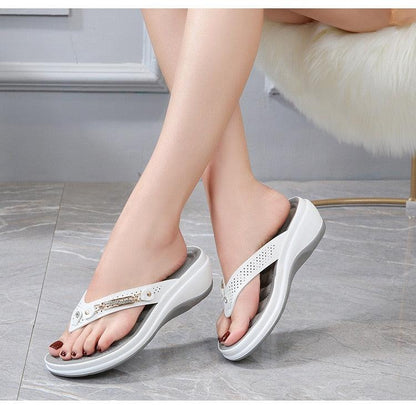 Pair of white platform thong sandals with perforated straps and metal button, arch support on Tampa Home & Garden Store