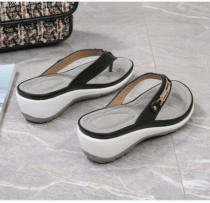 Stevvex pair of women's platform thong sandals with black straps, thick sole, arch support on Tampa Home & Garden Store