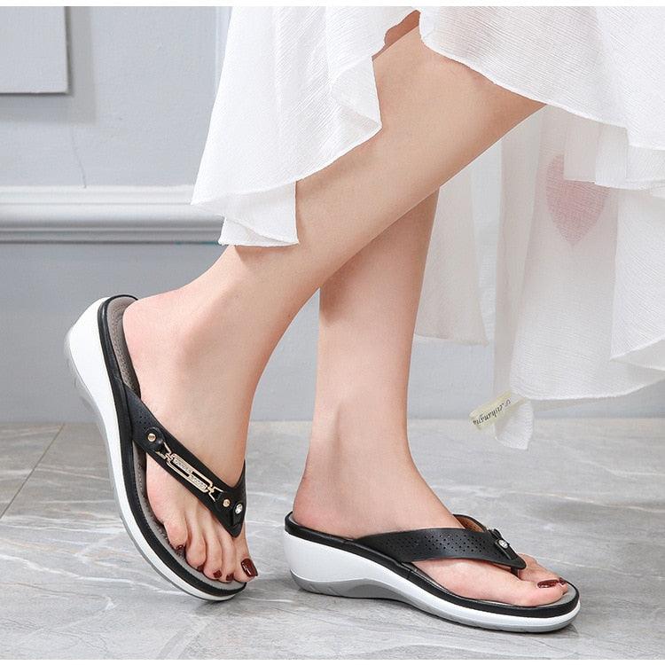 Stevvex women's black metal-button platform sandals pair with thick sole and arch support on Tampa Home & Garden Store