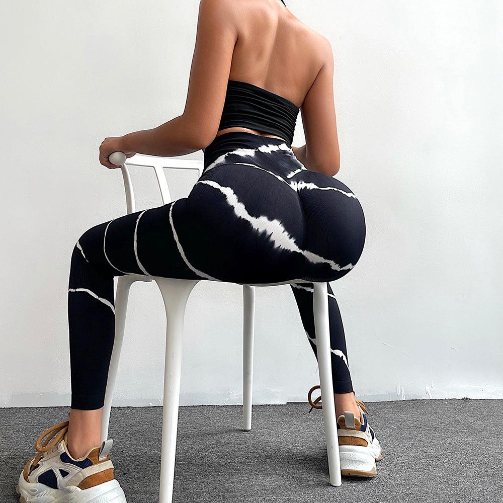 Stevvex women's high waist tummy-control leggings in black tie-dye with white streaks on Tampa Home & Garden Store