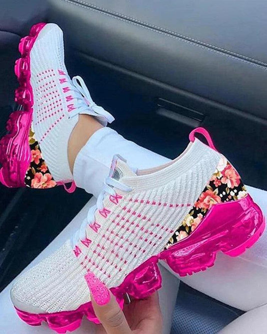 Stevvex women's sneakers white mesh with pink air-cushion sole and floral heel on Tampa Home & Garden Store