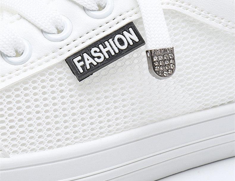 Stevvex women's white mesh sneakers with lace-up closure and fashion badge on Tampa Home & Garden Store