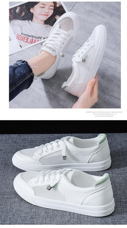 Stevvex women's white mesh sneakers with lace-up, breathable casual flats; two views shown on Tampa Home & Garden Store