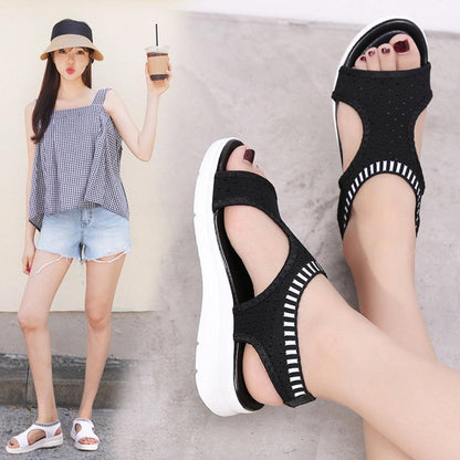 Stevvex black knit sandals with elastic ankle strap and white platform sole; two styles shown on Tampa Home & Garden Store
