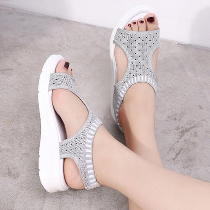 Stevvex Women Sandals pair, gray knit upper with white sole, open-toe casual sandals on Tampa Home & Garden Store