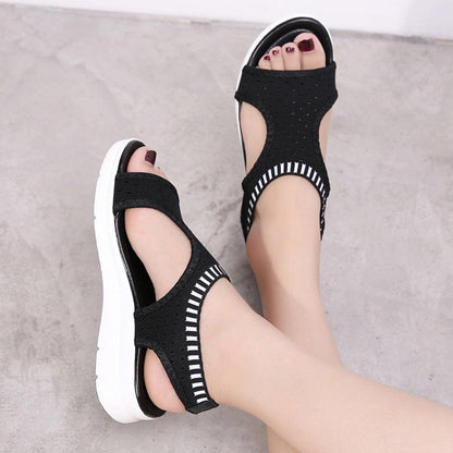Stevvex Women Sandals black breathable knit upper with white sole and ankle elastic strap pair on Tampa Home & Garden Store