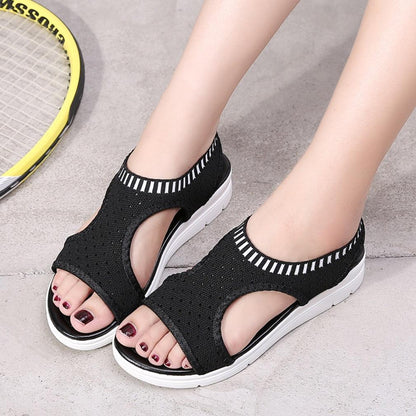 Stevvex black breathable knit sandals with open toe and ankle-elastic striped trim, platform sole on Tampa Home & Garden Store