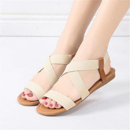 Stevvex beige cross-strap sandals with ankle elastic and platform sole on Tampa Home & Garden Store