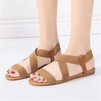 Women Sandals Stevvex tan strappy sandals with elastic ankle strap and flat sole on Tampa Home & Garden Store