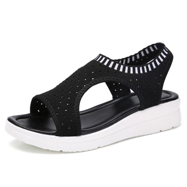 Stevvex Women Sandals black breathable knit upper with perforations, white platform sole on Tampa Home & Garden Store