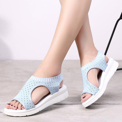 Women sandals Stevvex blue knit upper, open toe, ankle elastic, white platform sole on Tampa Home & Garden Store