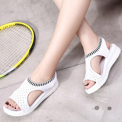Stevvex white perforated platform sandals with ankle strap and black striped trim women sandals on Tampa Home & Garden Store