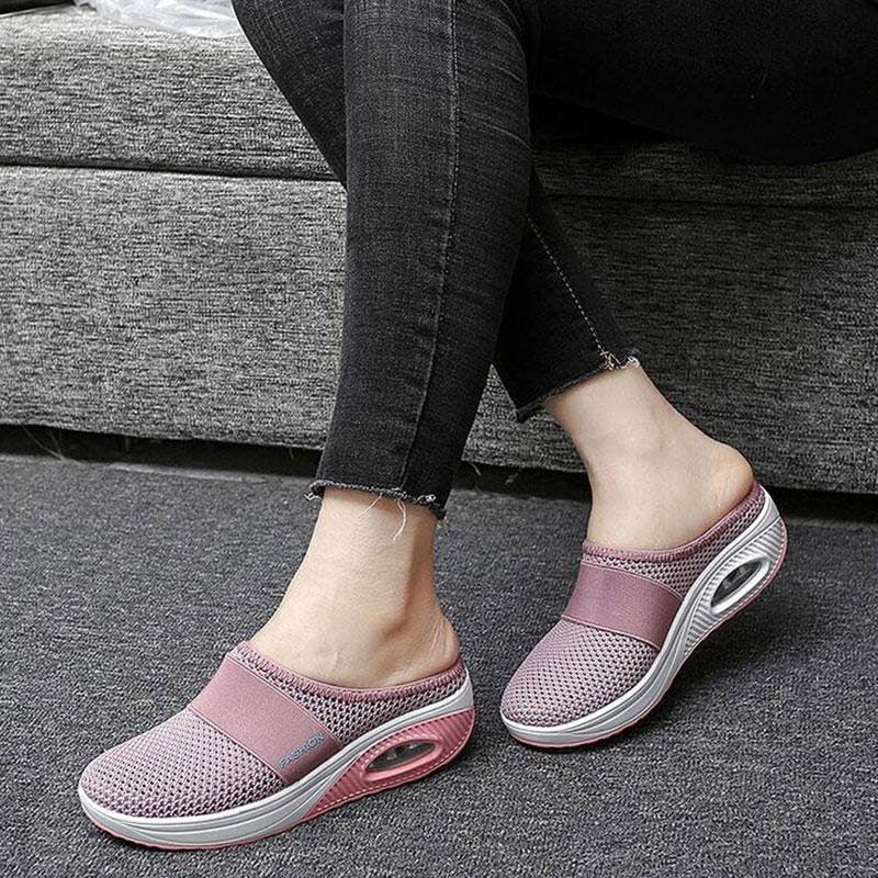 Stevvex women's pink mesh platform sandals with air-cushion sole, breathable slip-on pair on Tampa Home & Garden Store