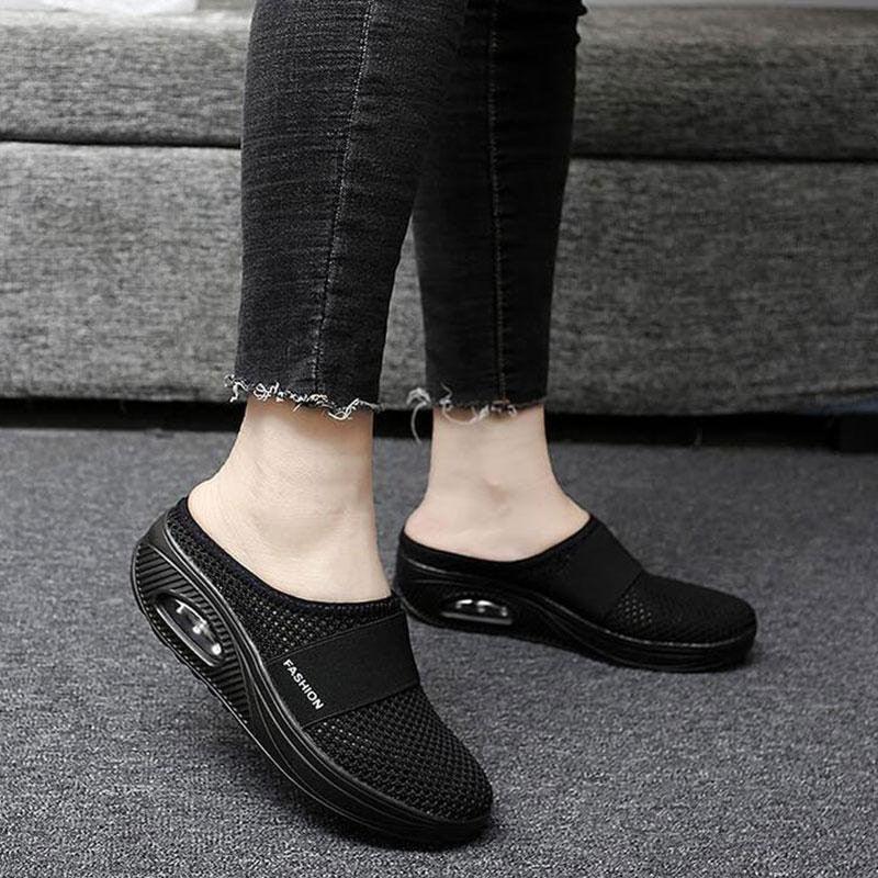 Women mesh slip-on sandals with air-cushion platform, breathable upper in black on Tampa Home & Garden Store