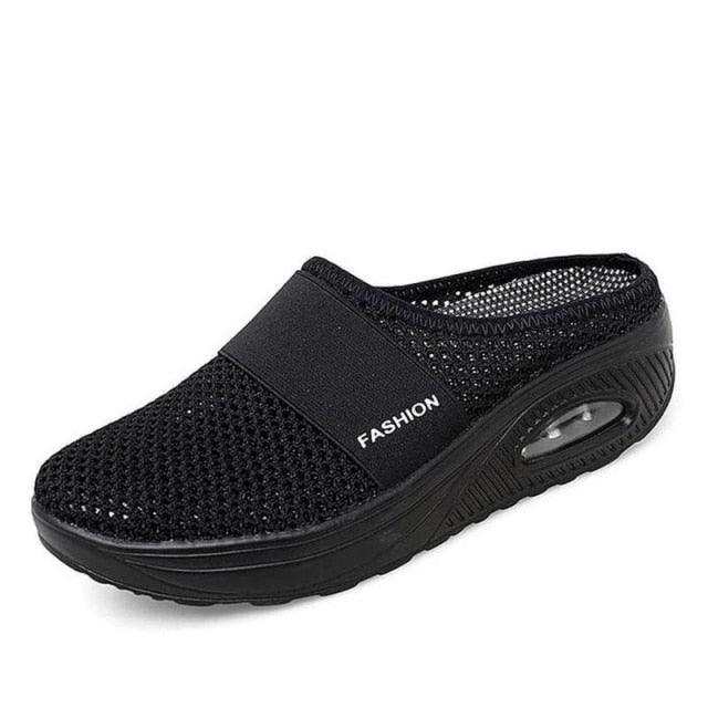 Stevvex black mesh slip-on sandal with air-cushioned platform, breathable women slippers on Tampa Home & Garden Store