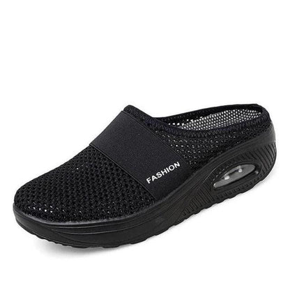 Stevvex black mesh slip-on sandal with air-cushioned platform, breathable women slippers on Tampa Home & Garden Store