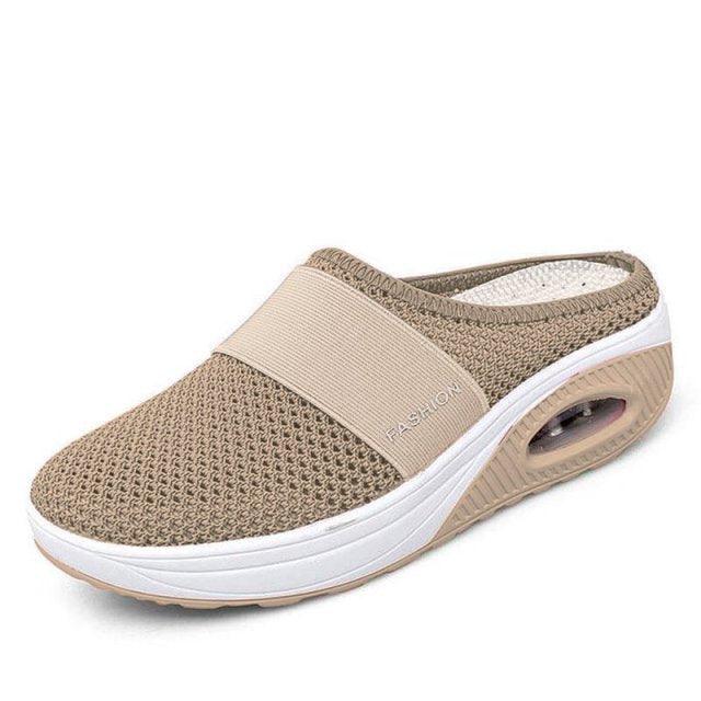 Women beige mesh platform slippers with breathable upper and air cushion sole on Tampa Home & Garden Store