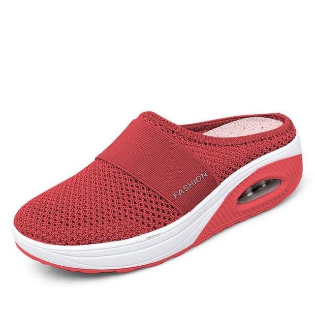 Women's Stevvex red mesh platform slippers with breathable knit upper and air-cushioned sole on Tampa Home & Garden Store