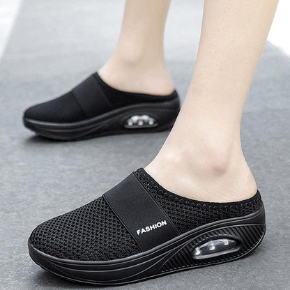 Stevvex black mesh platform sandals with air-cushioned sole, slip-on fashion slippers on Tampa Home & Garden Store