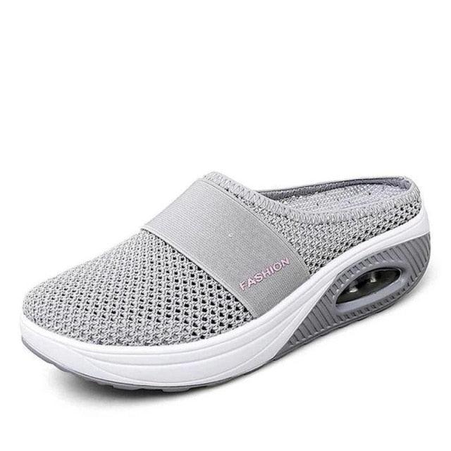 Women Stevvex mesh platform slippers, breathable slip-on clogs with air cushion in gray on Tampa Home & Garden Store