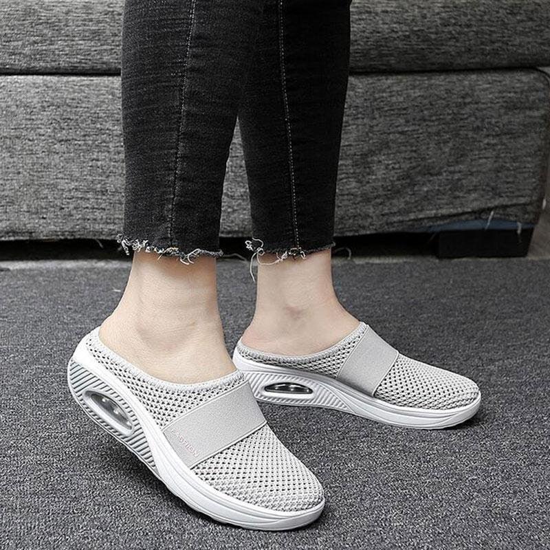 Stevvex women's mesh slip-on sandals with air cushion platform, light gray breathable pair on Tampa Home & Garden Store