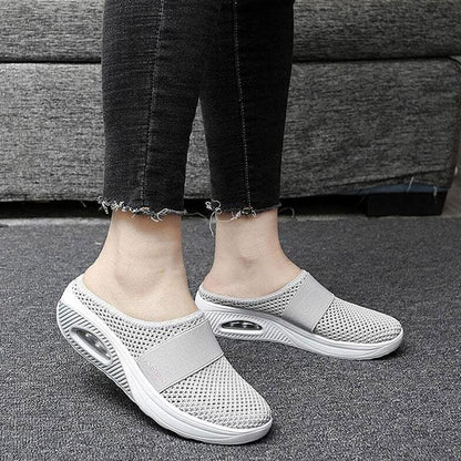 Stevvex women's mesh slip-on sandals with air cushion platform, light gray breathable pair on Tampa Home & Garden Store