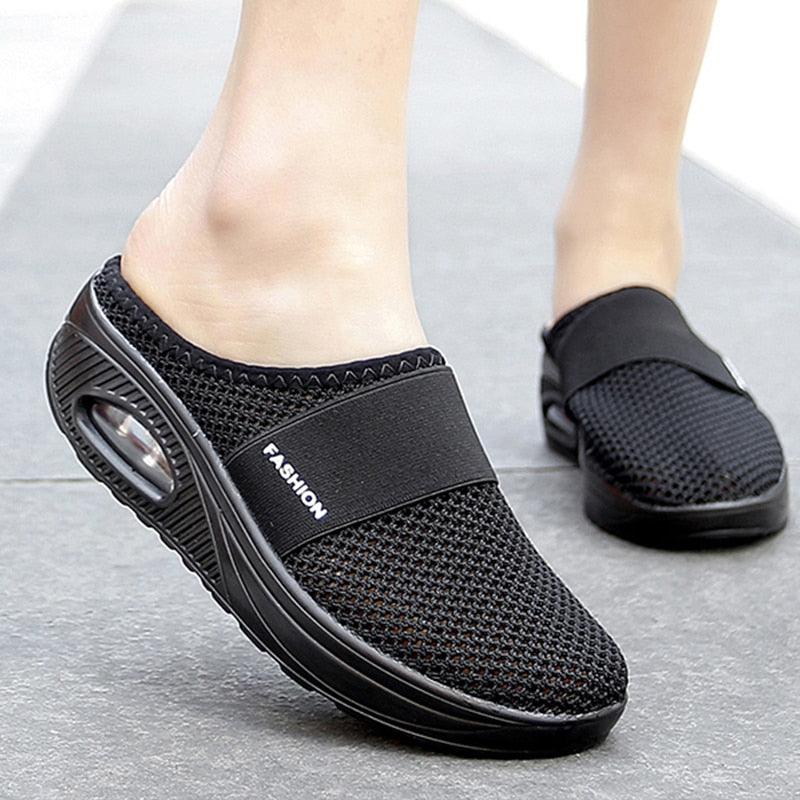 Women black mesh slip-on sandals with air-cushion sole, breathable pair on Tampa Home & Garden Store