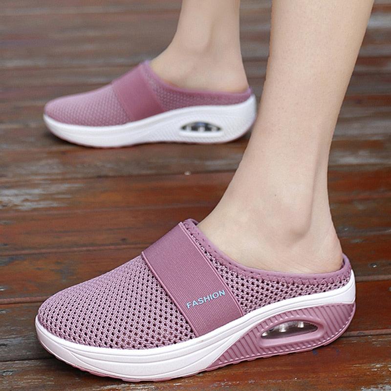 Women pink mesh platform slippers with breathable upper, wide strap and white air-cushion sole on Tampa Home & Garden Store