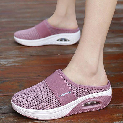Women pink mesh platform slippers with breathable upper, wide strap and white air-cushion sole on Tampa Home & Garden Store