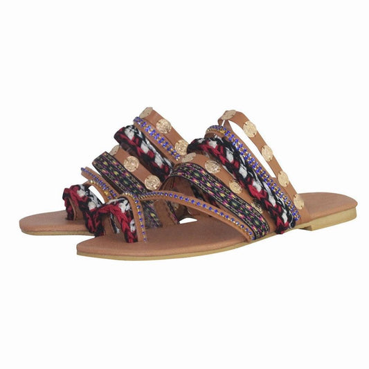 Stevvex women sandals flip-flops braided straps, tan sole, rhinestones and gold coin accents on Tampa Home & Garden Store