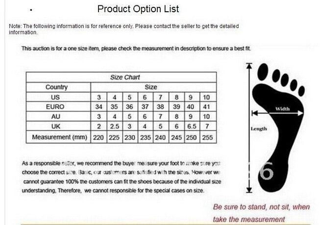 Stevvex sandals size chart with foot measurement diagram and size options on Tampa Home & Garden Store