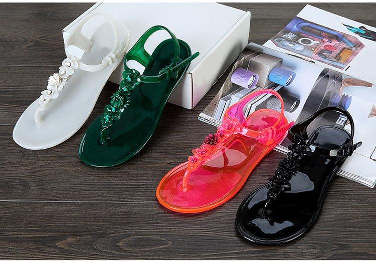 Stevvex women sandals flip flops with floral beaded T-strap in white green pink and black on Tampa Home & Garden Store